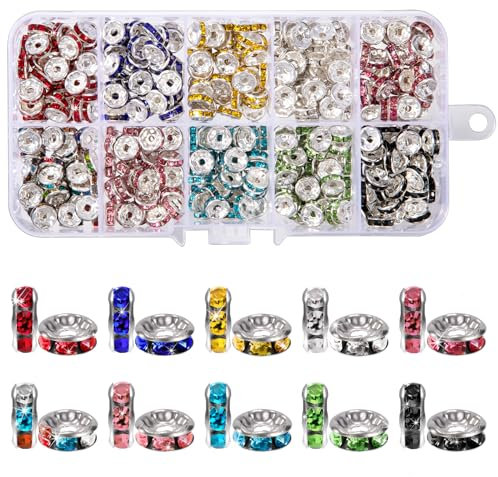 Niboken Cristal Espaciador Rhinestone Sueltos Abalorios Espaciadores de Colores Mezclados, para Hacer Pulseras Collares Joyería Fabricación Bisutería (8mm, 400pcs)