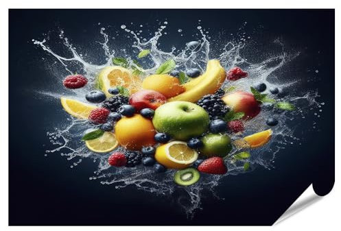 islandburner XXL Bild Poster Schöne Wasser Spritzen Verschiedene Früchte Dunkelblau Küchenbild für Küche Premium Bilder Fotodruck