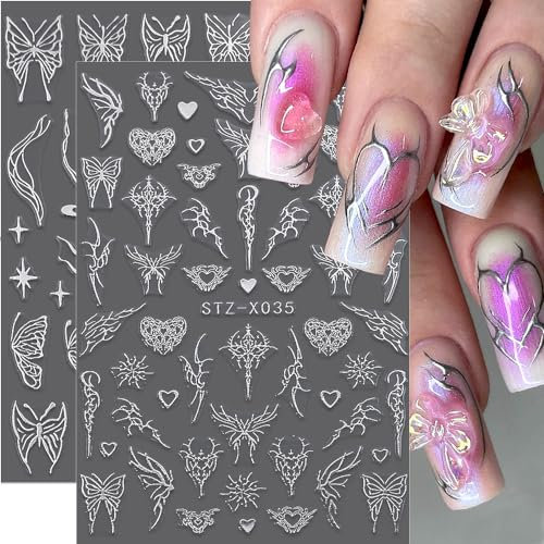 4 Blätter Y2K Schmetterling Nagelsticker,Chrom Silber Metall Schmetterlinge Herz Flügel Nail Sticker 3D Abstrakt Linien Hohle Herzen Stern Nagelaufkleber Für Frauen Nageldesign Nagel Zubehör Nail Art