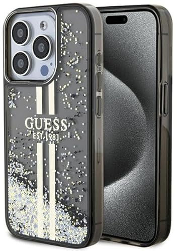 GUESS GUHCP15XLFCSEGK Case for iPhone 15 Pro Max 6.7 Inch Black Hard Case Liquid Glitter Gold Stripes