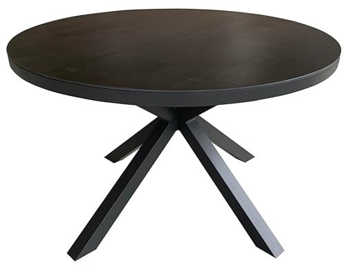 MR. DEKO® Gartentisch Malaga rund Dark Grey | Tisch rund mit gesinterter Steinplatte Ø120 x 76 cm (DxH) | Schwarzes Cross-Tischgestell aus Aluminium | Keramikplatte für Outdoor bis 6 Personen