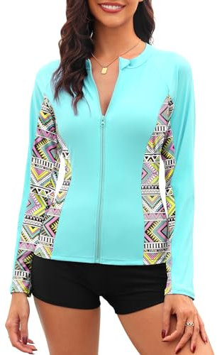 Tuopuda Camiseta de natación para Mujer Traje de baño de Manga Larga con Cremallera Camiseta de Surf Protección Solar Surf Rashguard Camisetas Deportivas de Secado Rápido(Azul Lago,XXL)