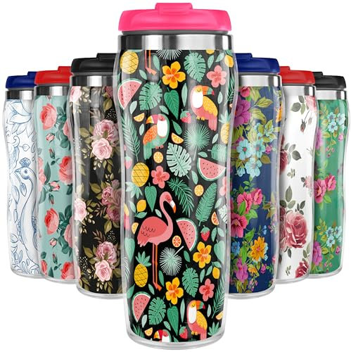 Pixly® Mug isotherme de voyage motif fleurs, fruits et oiseaux, 400 ml, motif floral, rose poudré exotique