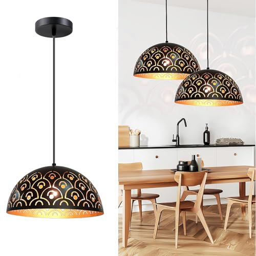 YNDD Hängelampe Esstisch Schwarz Gold, Küchenlampe Hängend Verstellbar Pendellampe Retro Vintage E27 Ø: 30cm Metall Hängeleuchten & Pendelleuchten Rund Aushöhlen Kronleuchter für Küche Esszimmer