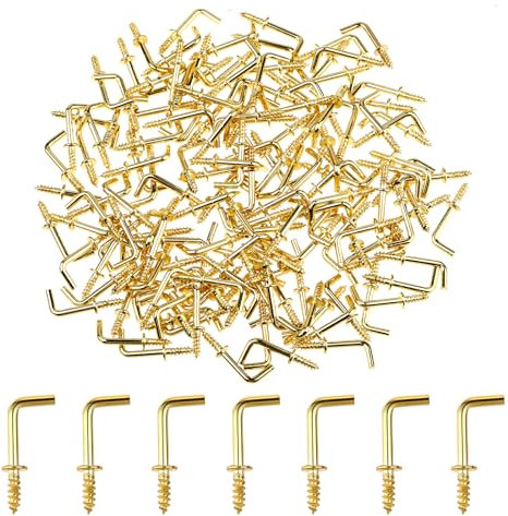 Jeffdad 150 Stück Kleine Schraubhaken, L-Form Hakenschrauben Rechtwinklige Schrauben, Mini L-förmige Schraube in Haken zum Aufhängen Hakenschrauben mit Gewinde für Hause Arbeitsplatz Büro(Gold)