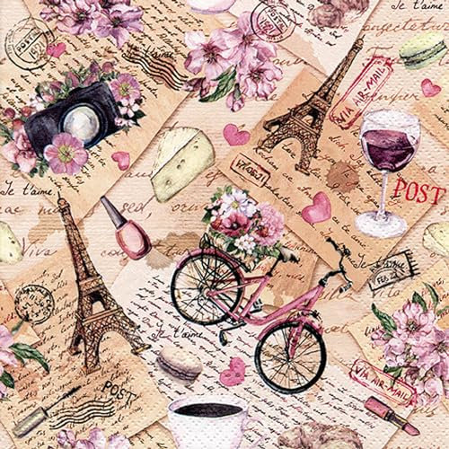 Servietten Papier 33x33cm 3-lagig 20 Stück - hochwertig & nachhaltig - Einweg Hochzeitsservietten - Papierservietten für Hochzeit Gastronomie Alltag - Frankreich Vintage