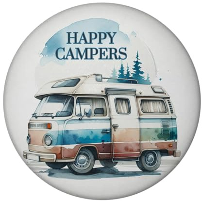 Campingwagen Magnet rund mit Spruch Happy Campers Ideal für Wohnwagen Caravan Perfekt für Reisen Urlaub am Campingplatz