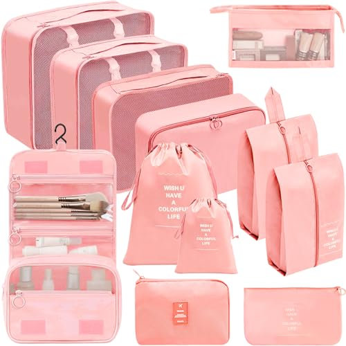 Chijoo 12 teiliges Koffer Organizer Set (Rosa) – Packing Cubes Set, Packwürfel, Kofferorganizer, Koffer-organizer - Reise Gadget & Reise Organizer Set