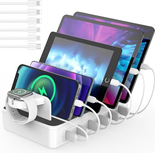 Charging Station for Multiple Devices, 50W 6 Ports Multi Charger Station Charging Dock with Groove Design and 6 Mixed Charging Cables for iPhone, iPad, Kindle, Tablet, Cellphone and Others, White
