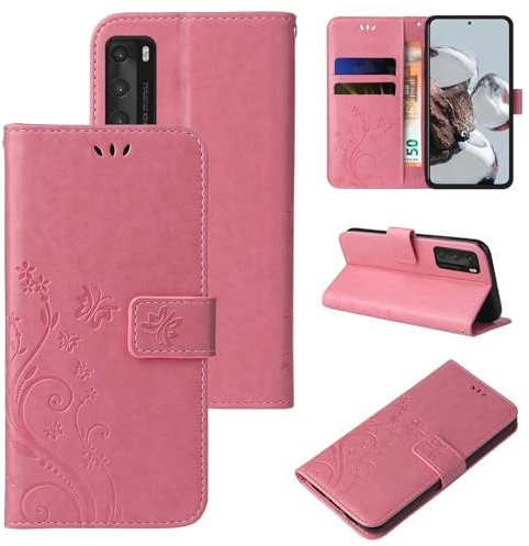 LBH Handy Hülle für Huawei P40 Case Handytasche Schmetterling Blumen Flower Standfunktion Schutzhülle Magnet Rundum Schutz 360 Grad Flipcase Cover Rosegold