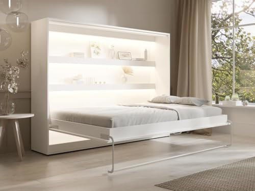 Vente-unique-Schrankbett + Matratze - 140 x 200 cm - Manuelle horizontale Öffnung - Mit LED-Beleuchtung - Weiß - RAPILI