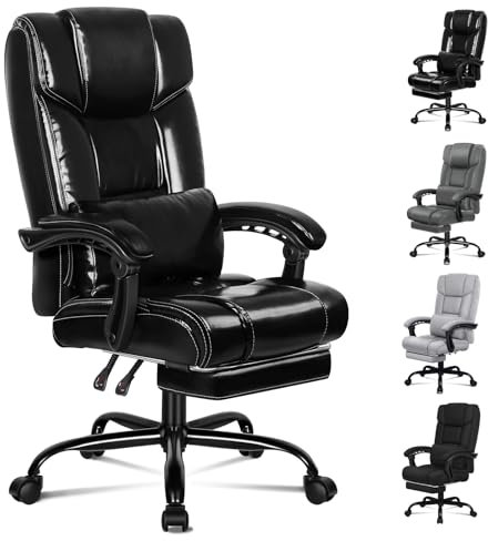 ALFORDSON Bürostuhl, Schreibtischstuhl mit Verstellbarer Lendenwirbelstütze, Drehstuhl mit hoher Rückenlehne für Zuhause und Arbeit mit Fußstütze, PU-Leder, Glänzend schwarz