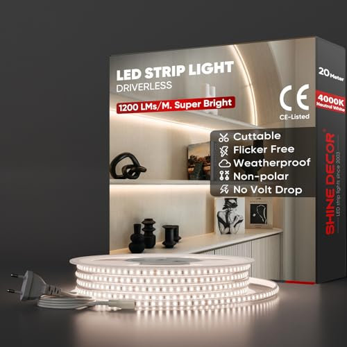 Shine Decor LED Streifen 20m, AC 220V 230V IP65 Wasserdicht LED Band, SMD 2835 120 leds/m Ultrahohe Helligkeit Lichtleiste für Home Decoration Küche Garten LED Beleuchtung (20M, Neutralweiß)