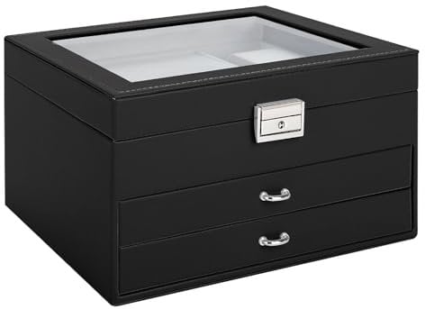 Yieseang Jewellery Box with Glass Lid,3 Layers PU Leather Jewellery Organiser Box for Rings Earrings Necklace Bracelets Watch Accessories,2 Drawer Lockable Jewellery Gift Box for Girls,Women,Men,Black