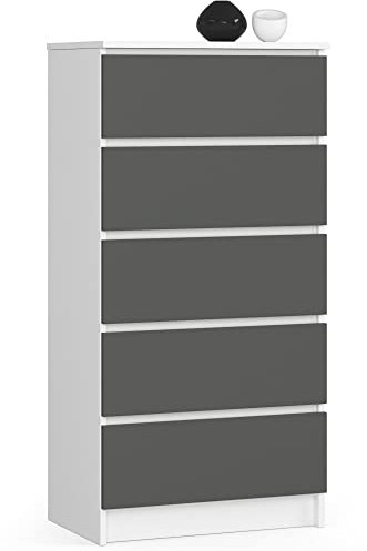 Home Collective Kommode in weiß-grau mit 5 geräumigen Schubladen, 60 cm breit, 121 cm hoch Kommode Schlafzimmer Flur Wohnzimmer Organizer Kommode mit Schubladen Holz Highboard Sideboard Schrank