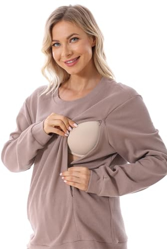 FEOYA Sweatshirt för gravida kvinnor, långärmad amningströja, sweatshirt, amningstopp, mammamode, varm tröja för amning