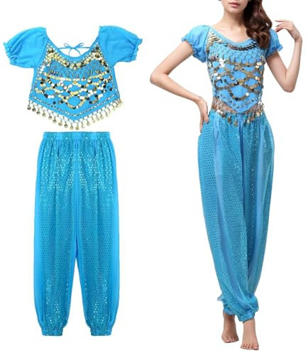 XDGBGFN Damen Bauchtanz Kostüm Set Tanzen Top und Laterne Hosen Professionel Orientalische Bauchtänzerin Verkleidung Karneval Kostüm (Hellblau, S)