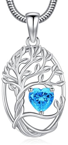 Eusense Tree of Life Necklace Birthstone March Pendant Copper Heart Necklace Tree Life Pendant Jewelry Gift for Women Ladies