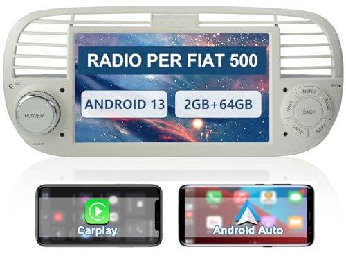 AWESAFE Android 13 Autoradio per Fiat 500 (2007-2015) 7 Pollici Car Radio con CarPlay/Android Auto GPS Bluetooth WIFI FM RDS Comandi al Volante (Bianco)