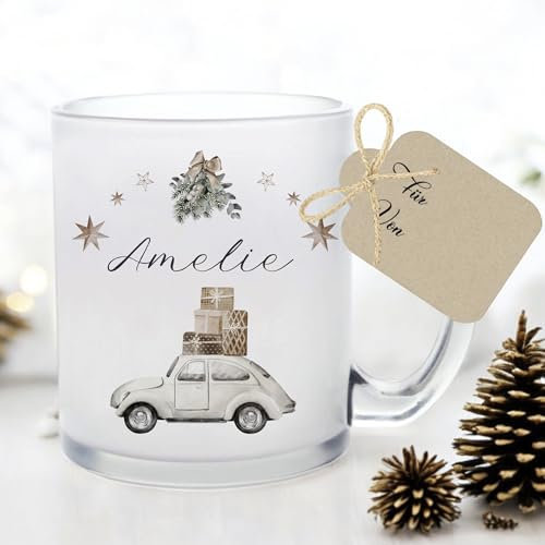 Manufaktur Liebevoll I Tasse Weihnachten Glastasse Glühweintasse mit Namen Weihnachtstasse personalisiert Tasse Nikolaus Weihnachtsgeschenke Kinder Glühwein Tasse Frauen Männer Kollegin Auto (Amelie)