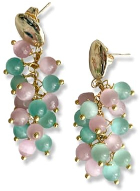 Orecchini Pendenti con Pietre Dure Rosa e Verde Acqua – Orecchini Artigianali Fatti a Mano, Ottone Anallergico, Leggeri, Made in Italy