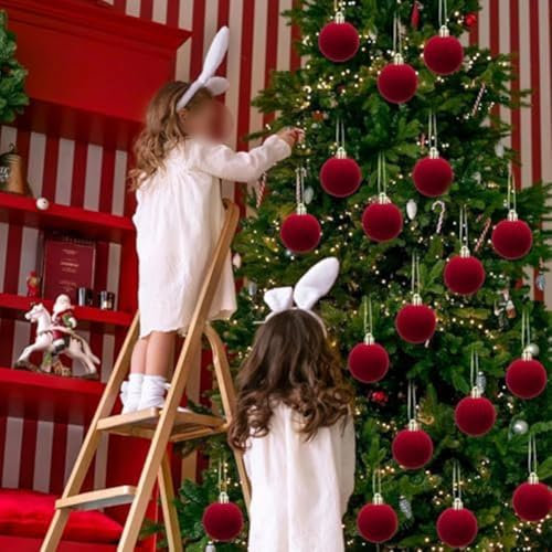 12 Velvet Christmas Balls - 60 Mm Baubles, Hanging Decorations for Tree, Wall, Window (Red Wine)