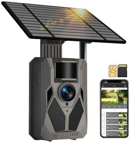 Wildkamera, 4G LTE Wildkamera mit Handyübertragung APP, 2,5K Wildtierkamera Solar mit SIM Karte, Bewegungsmelder, Nachtsicht, 0,2 s Auslösezeit, IP65 wasserdicht, 32GB SD Karte und 7800mAh Akku