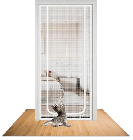 Cat Screen Door, Reinforced Pet Screen Door, Cat Mesh Door with Bilateral Zipper, Prevent Cats Dogs from Running for Home, Bedroom, Living Room, Kitchen, Patio (White, 80 X 200 CM)