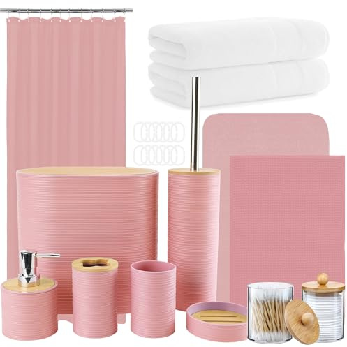 Icegrey 25 pièces Ensemble d'accessoires de Salle de Bain avec Rideau de Douche et Tapis, Brosse WC, Poubelle, Distributeur de Savon, Rose