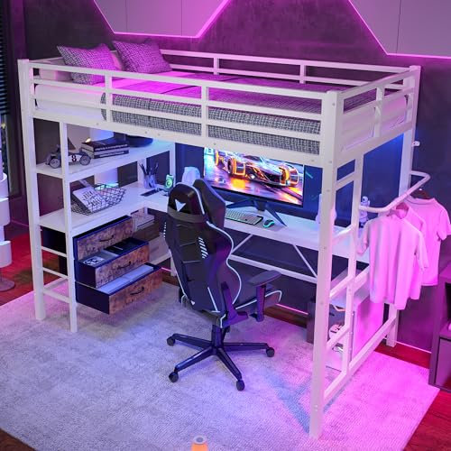 Luxeza Cama alta, 90 x 200 cm, con escritorio, 3 cajones, estanterías, barandillas, escaleras, sin colchón (blanco)