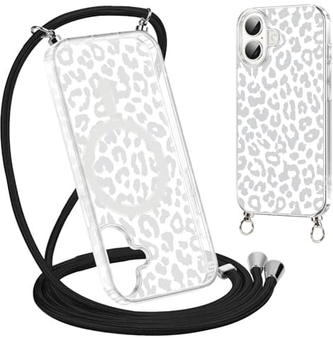 Coalbooliy Handyband Handyhülle für iPhone 16 Hülle 6,1 mit Band Kette Cover Kompatibel mit Magsafe, Transparent Aesthetic Leopard Muster Cover mit Kordel zum umhängen Case Kameraschutz, 06