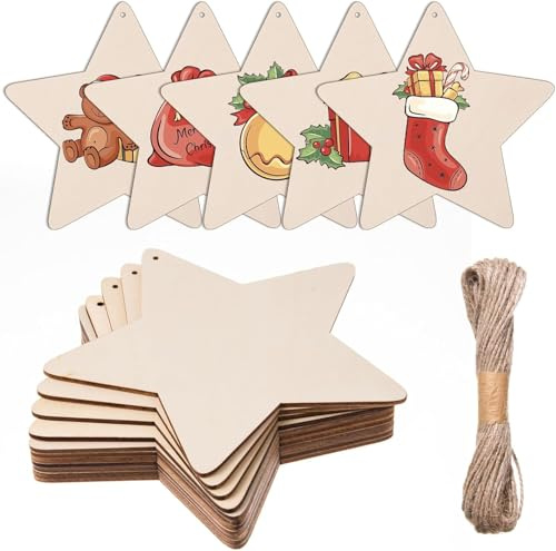 DAHI 20 estrellas grandes de madera de Navidad para colgar, 14 cm, con cuerda, estrella de madera para decoraciones, hechas a mano, para decoración del árbol de Navidad (estrellitas grandes)