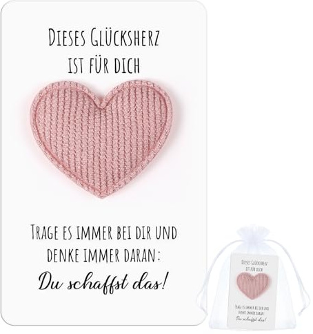 Otuuz Glücksbringer Du Schaffst Das Geschenk Set, Rosa Glücksherz | Pocket Hug mit Karte, Stoffbeutel und Punktkleber, Aufmunterung für Freundin, Kollegin, Einschulung