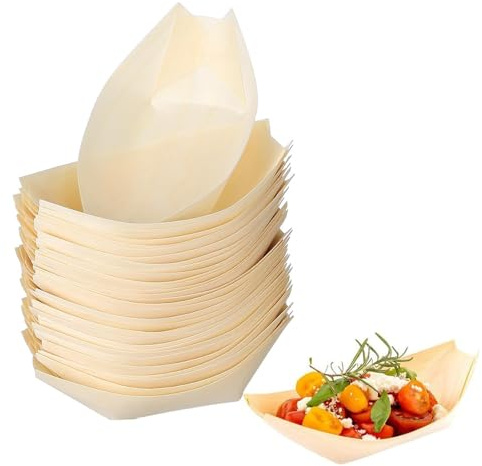 Yuannee Holzboot Teller,50 PCS 5 Inch Holzschale Schiffchen Einweggeschirr Bambus Biologisch Abbaubar Schiffchen Snackschalen für Fingerfood Currywurst Pommes Sushi(14*8CM)