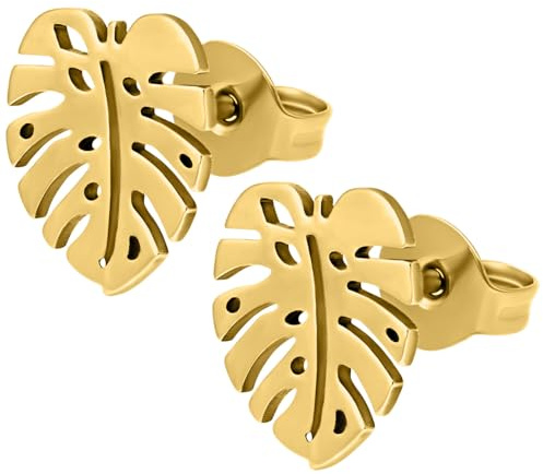 Wildcat Ohrstecker - Monstera Earstuds Pair - Chirurgenstahl 316L - wasserfest, langlebig, hautverträglich, Gold, Kristallklar