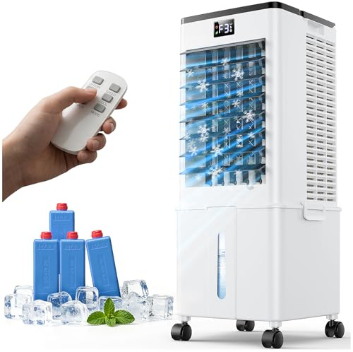 Portable Air Conditioner,4-in-1 AC Unit with 3 Speeds, 12H Timer, 60° Oscillation, 35dB Quiet, Remote Control, 10L Water Tank & 4 Ice Packs,60W Evaporative Air Cooler for Home & Office Bedroom（Black）