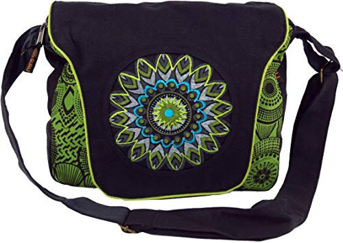 GURU SHOP Schultertasche, Hippie Tasche, Goa Tasche - Schwarz/grün, Unisex - Erwachsene, Baumwolle, 22x28x6 cm