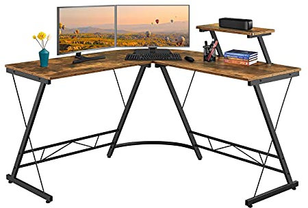 Yaheetech L Shaped Corner Computer Desk for Home Office, Computer Workstation Large Gaming Desk with Monitor Stand, 130x130x96.5cm, Rustic Brown