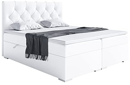 MEBLINI Boxspringbett mit Bettkasten - Gepolstert Doppelbett mit Matratze und Topper - Polsterbett mit Stauraum - Bett mit Kopfteil - Stauraumbett - Roma - 120x200 - H3/Weiß Kunstleder