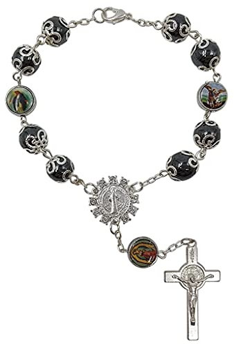 One Decade Auto-Rosenkranz für Rückspiegel, schwarze Hämatit-Perlen, katholisches Armband, St. Benedikt, Jesus, Heiliges Herz, Tafelaufsatz, Kreuz, religiöses Geschenk, Auto, LKW, Reiseschutz