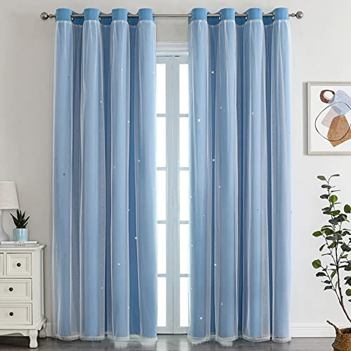 Nyescasa Verdunklungs Vorhänge Kinderzimmer Vorhang Doppellagige Gardienen mit Höhlen Sterne mit Voile Ösenschal für Wohnzimmer Schlafzimmer Mädchen Dekoschal 2er Set 214x132cm(H×B) Blau