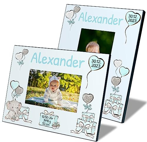 True Statements Baby Bilderrahmen für Fotos 10x15 cm personalisiert mit Namen & Geburtsdaten „Elefantenbaby“ – Fotorahmen Mädchen Jungen – Geschenk zur Geburt Taufe Geburtstag (Blau, Querformat)