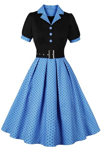 Wellwits Women's Black Bodice Polka Dots Work Office Vintage Blazer Dress Blue L