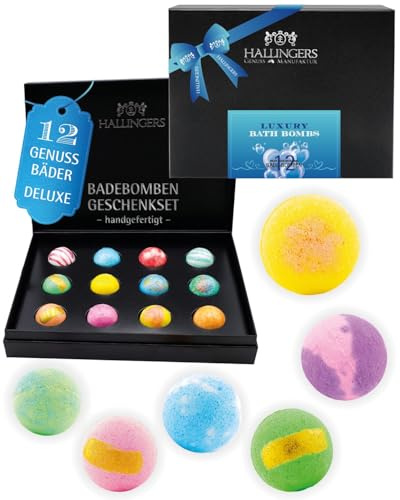 Hallingers Genuss Manufaktur Badebomben Geschenk-Set - 12x Badekugeln Bath Bombs in edler Geschenkbox, Frauen Badeperlen-Wellness & Spa Luxury Bath Bom..., Geschenkidee für Männer Freund