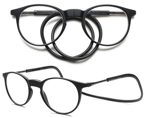 VEVESMUNDO Runde Magnetische Lesebrillen um den Hals Klemmen Leicht Damen Herren Magnetverschluss Lesehilfe Brillen mit Magnet (1 Stück Schwarz&Rot, +1.75)