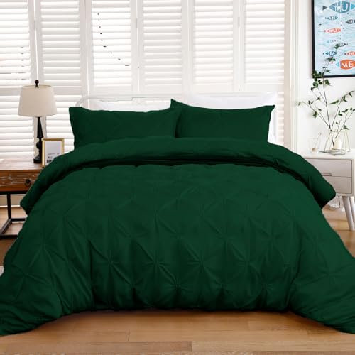 Emerald Green Duvet Cover Double Size Pintuck Quilt Cover Pinch Pleat Bedding Duvet Cover Soft Microfiber Duvet Cover with Zipper Closure (3 Pieces, 200x200cm)