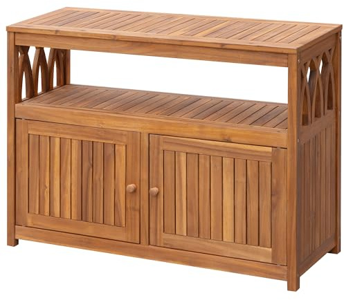 Greesum Armario de Almacenamiento de 2 Niveles para Exteriores, de Madera de Acacia, con 2 Puertas magnéticas, para jardín, Picnic, bufé, Soporte de TV o Mesa de Bar, Color marrón
