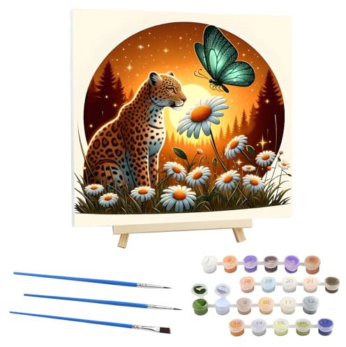 EOBROMD Peinture Numero Adulte Léopard, Kit de Peinture à l'huile sur Toile Bricolage avec Cadre en Bois et Chevalet, Papillon Peinture Sans Plis Toile pour Décoration de la Maison 30x30cm