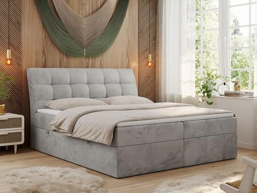 MKS MEBLE Boxspringbett 200x200 Grau Samt, Bett mit Multipocket Matratze H3 und Topper, Polsterbett 200x200 mit Bettkasten und Kopfteil, DIEGOS Hellgrau Velvet