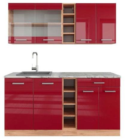 Vicco Singleküche R-Line, Rot Hochglanz/Goldkraft Eiche, 160 cm, AP Marmor